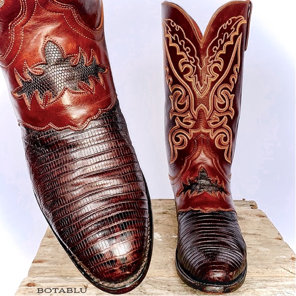 SOLD LUCCHESE 1883 Lizard Exotic Goat Leather Brown Cowboy Western Boots Mens 12 - Picture 2 of 9